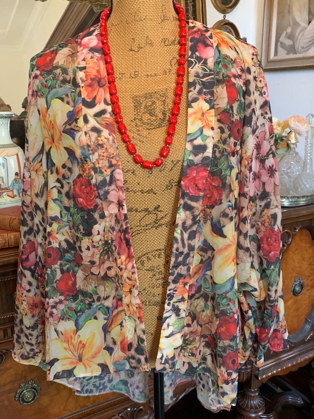 Vintage Tropical Boho Hippie Floral Leopard Print Chiffon Blouse Robe Kimono